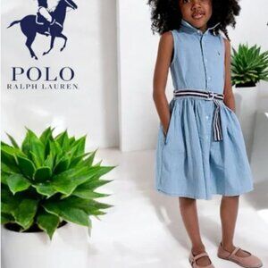 Polo Ralph Lauren Girls Chambray Denim Dress Pony Sleeveless Collar Cotton Siz 6